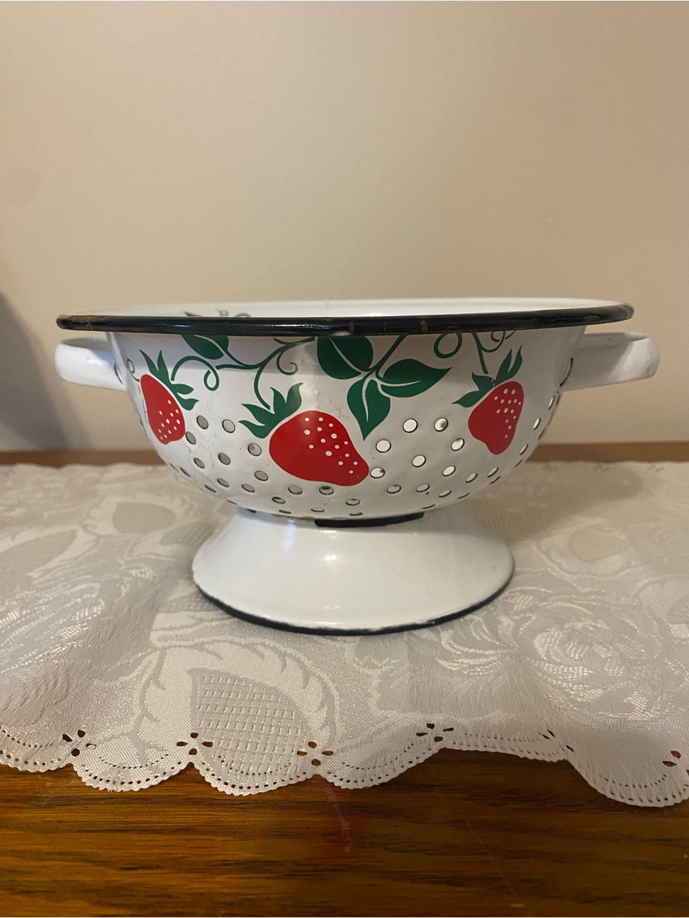 White Enamel Strawberry Colander with Red & Green Motif